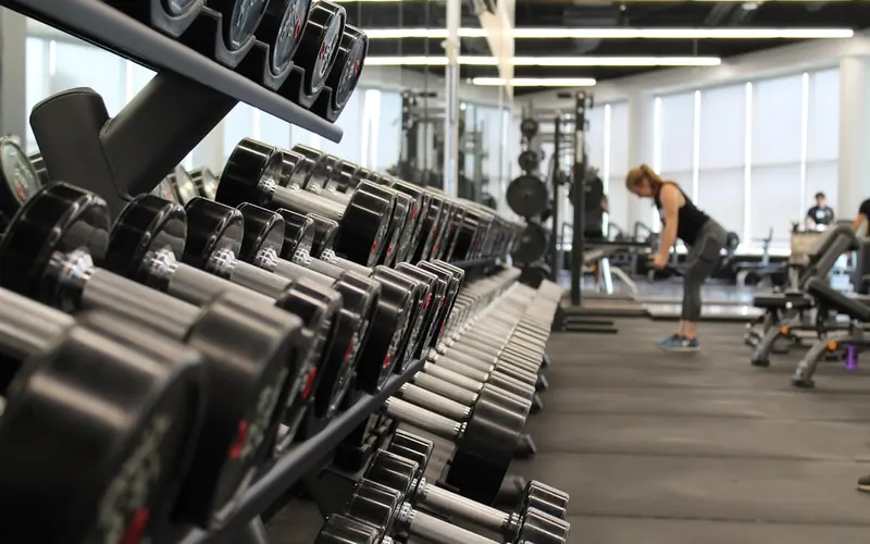 Row of dumbbells in a gym
